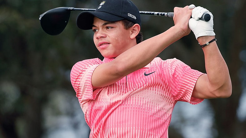 Dec 17, 2022; Orlando, Florida, USA;  Charlie woods hits his tee shot on the 10th hole during the first round of the PNC Championship golf tournament at Ritz Carlton Golf Club Grande Lakes Orlando Course. Mandatory Credit: Reinhold Matay-USA TODAY Sports