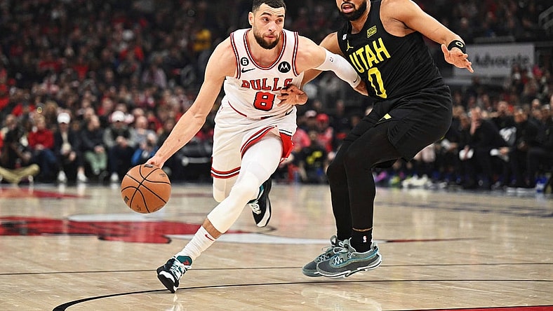 Jan 7, 2023; Chicago, Illinois, USA;  Chicago Bulls forward Zach LaVine (8) controls the ball against the Utah Jazz at United Center. Mandatory Credit: Jamie Sabau-USA TODAY Sports