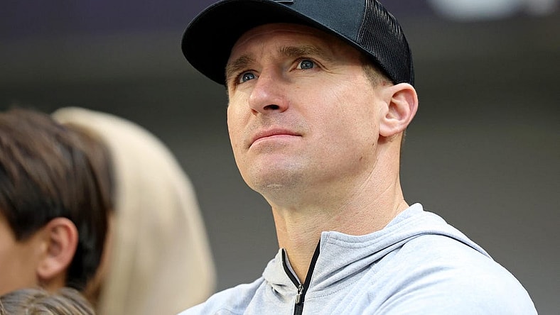 Jan 15, 2023; Minneapolis, Minnesota, USA; NFL former quarterback Drew Brees looks on before a wild card game between the Minnesota Vikings and the New York Giants at U.S. Bank Stadium. Mandatory Credit: Matt Krohn-USA TODAY Sports