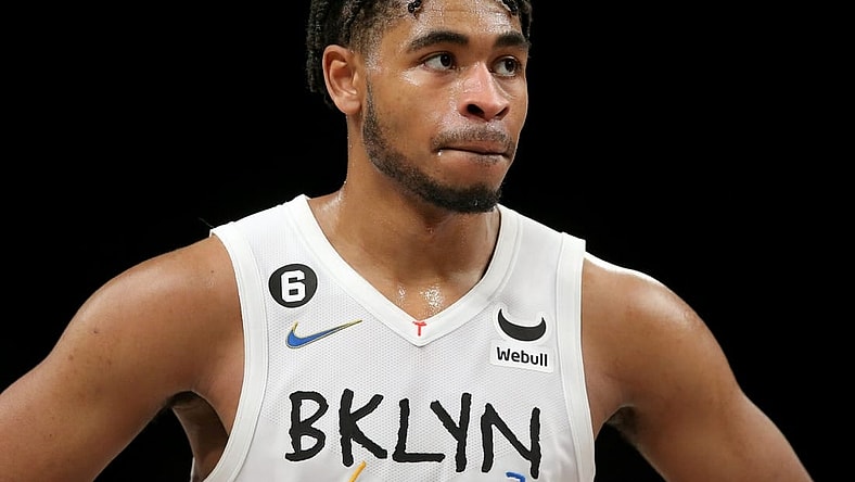 Feb 4, 2023; Brooklyn, New York, USA; Brooklyn Nets guard Cam Thomas (24) reacts during the fourth quarter against the Washington Wizards at Barclays Center. Mandatory Credit: Brad Penner-USA TODAY Sports