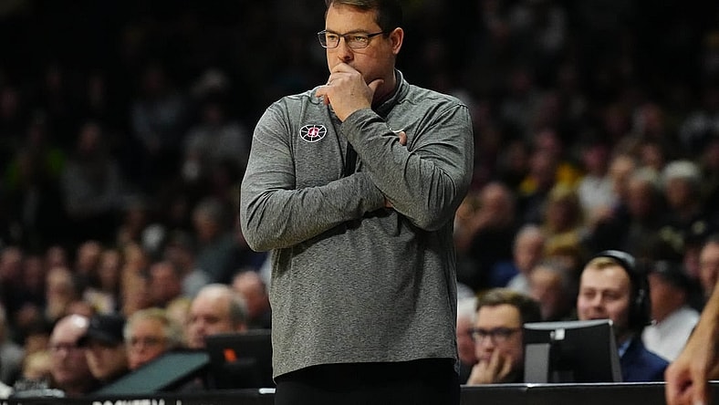 Feb 5, 2023; Boulder, Colorado, USA; Stanford Cardinal head coach Jerod Haase during the first half against the Colorado Buffaloes at the CU Events Center. Mandatory Credit: Ron Chenoy-USA TODAY Sports