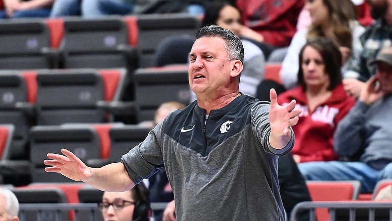Feb 16, 2023; Pullman, Washington, USA; Washington State Cougars head coach Kyle Smith looks on against the Oregon State Beavers in the first half at Friel Court at Beasley Coliseum. Mandatory Credit: James Snook-USA TODAY Sports