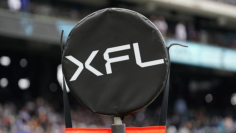 Feb 18, 2023; Arlington, TX, USA; XFL logo chains on the sidelines during the first half of a game between the Vegas Vipers and the Arlington Renegades at Choctaw Stadium. Mandatory Credit: Raymond Carlin III-USA TODAY Sports