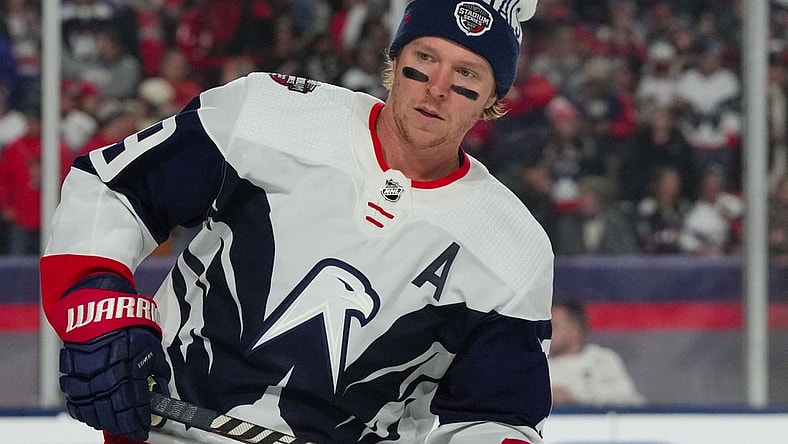Feb 18, 2023; Raleigh, North Carolina, USA; Washington Capitals center Nicklas Backstrom (19) skates during the warmups before the game against the Carolina Hurricanes during the 2023 Stadium Series ice hockey game at Carter-Finley Stadium. Mandatory Credit: James Guillory-USA TODAY Sports
