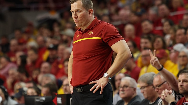 Feb 27, 2023; Ames, Iowa, USA; Iowa State Cyclones head coach T. J. Otzelberger watches his team play the West Virginia Mountaineers during the second half at James H. Hilton Coliseum. Mandatory Credit: Reese Strickland-USA TODAY Sports