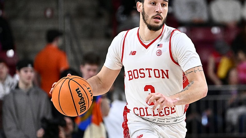 Mar 4, 2023; Chestnut Hill, Massachusetts, USA; Boston College Eagles guard Jaeden Zackery (3) dribbles the ball during the second half of a game against the Georgia Tech Yellow Jackets at the Conte Forum. Mandatory Credit: Brian Fluharty-USA TODAY Sports