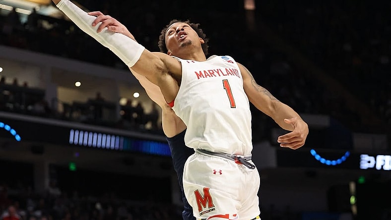 Mar 16, 2023; Birmingham, AL, USA; Maryland Terrapins guard Jahmir Young (1) reaches back for a rebound against the West Virginia Mountaineers during the first half in the first round of the 2023 NCAA Tournament at Legacy Arena. Mandatory Credit: Vasha Hunt-USA TODAY Sports