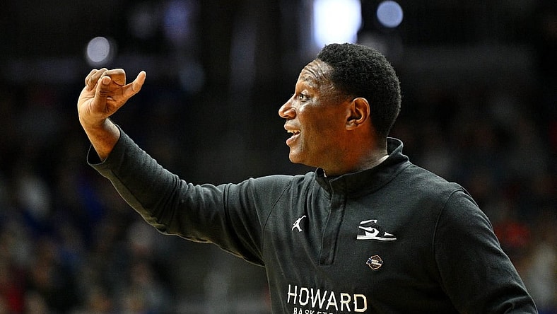 Mar 16, 2023; Des Moines, IA, USA; Howard Bison head coach Kenny Blakeney instructs his team against the Kansas Jayhawks during the first half at Wells Fargo Arena. Mandatory Credit: Jeffrey Becker-USA TODAY Sports