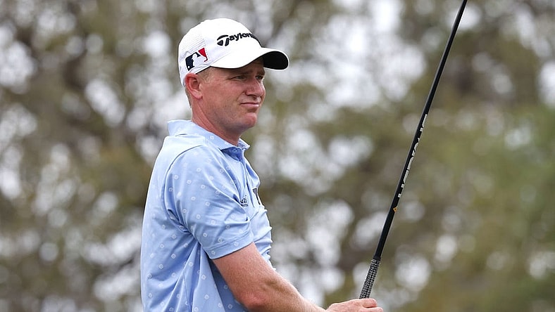 Mar 18, 2023; Palm Harbor, Florida, USA;  Adam Long plays his shot from the first tee during the third round of the Valspar Championship golf tournament. Mandatory Credit: Reinhold Matay-USA TODAY Sports