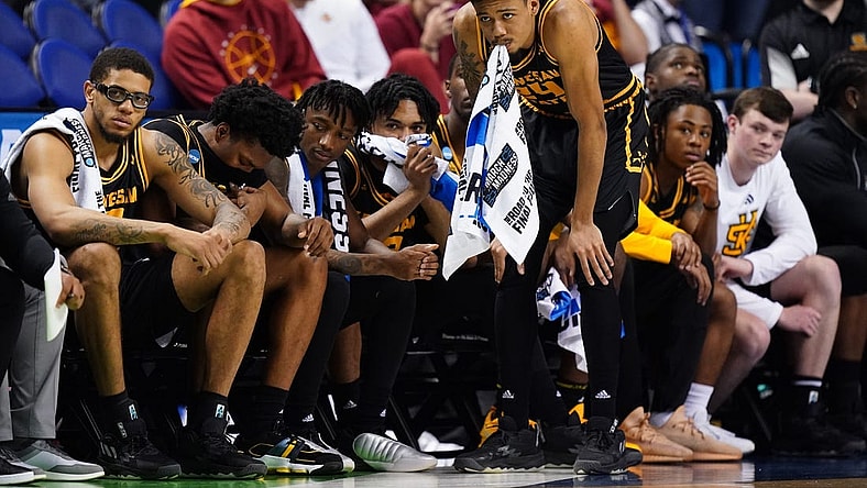 Kennesaw State Owls guard Quincy Ademokoya (24), Kennesaw State Owls forward Alex Peterson (10) and the the Kennesaw State Owls bench react to the losing scoreline in the second half of a first-round college basketball game against the Xavier Musketeers in the NCAA Tournament, Friday, March 17, 2023, at Greensboro Coliseum in Greensboro, N.C. The Xavier Musketeers won, 72-67.

Ncaa Xavier Kennesaw State Basketball March 17 0013