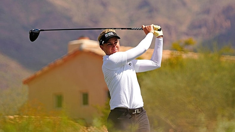 March 24, 2023; Gold Canyon AZ; USA; Emily Kristine Pedersen tees off during the second round of the LPGA Drive On Championship at Superstition Mountain Golf & Country Club.   Mandatory Credit: Patrick Breen-USA TODAY NETWORK