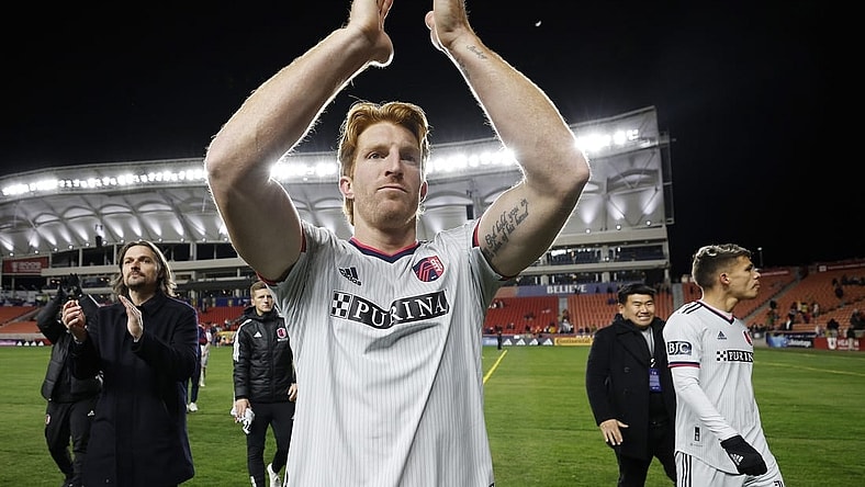 Mar 25, 2023; Sandy, Utah, USA; St. Louis City defender Tim Parker (26) celebrates their win against the Real Salt Lake at America First Field. Mandatory Credit: Jeffrey Swinger-USA TODAY Sports