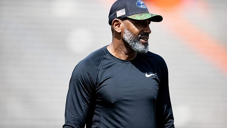 Florida Gators assistant head coach for secondary Corey Raymond looks on during spring football practice at Steve Spurrier Field at Ben Hill Griffin Stadium in Gainesville, FL on Saturday, April 1, 2023. [Matt Pendleton/Gainesville Sun]

Ncaa Football Florida Gators Spring Football Practice