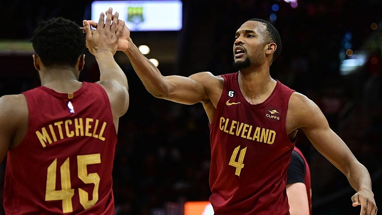 Apr 2, 2023; Cleveland, Ohio, USA; Cleveland Cavaliers forward Evan Mobley (4) celebrates with guard Donovan Mitchell (45) during the second half against the Indiana Pacers at Rocket Mortgage FieldHouse. Mandatory Credit: Ken Blaze-USA TODAY Sports