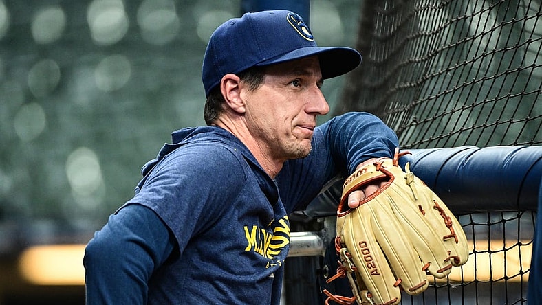 Apr 3, 2023; Milwaukee, Wisconsin, USA; Milwaukee Brewers manager Craig Counsell watches batting practice before game against the New York Mets at American Family Field. Mandatory Credit: Benny Sieu-USA TODAY Sports