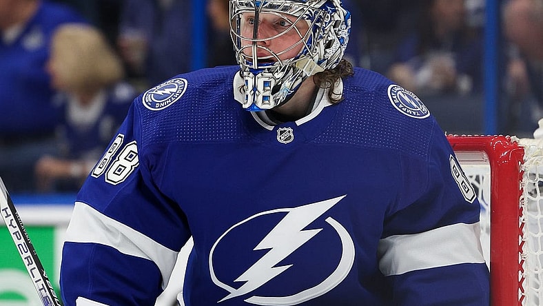 Apr 29, 2023; Tampa, Florida, USA; Tampa Bay Lightning goaltender Andrei Vasilevskiy (88) looks on against the Toronto Maple Leafs in the second period during game six of the first round of the 2023 Stanley Cup Playoffs at Amalie Arena. Mandatory Credit: Nathan Ray Seebeck-USA TODAY Sports