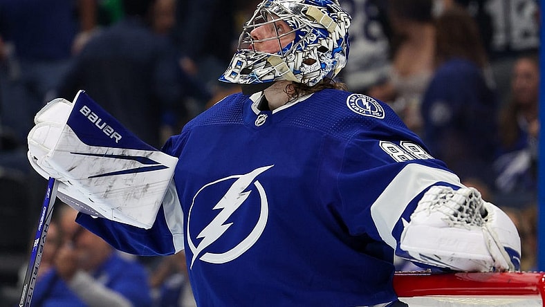 Apr 29, 2023; Tampa, Florida, USA; Tampa Bay Lightning goaltender Andrei Vasilevskiy (88) reacts after losing to the Toronto Maple Leafs in overtime during game six of the first round of the 2023 Stanley Cup Playoffs at Amalie Arena. Mandatory Credit: Nathan Ray Seebeck-USA TODAY Sports