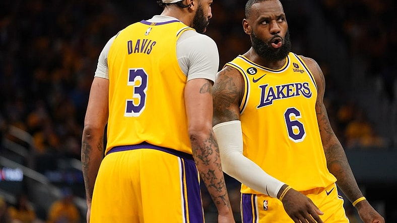 May 2, 2023; San Francisco, California, USA; Los Angeles Lakers forward LeBron James (6) talks with forward Anthony Davis (3) during a break in the action against the Golden State Warriors in the fourth quarter during game one of the 2023 NBA playoffs at the Chase Center. Mandatory Credit: Cary Edmondson-USA TODAY Sports
