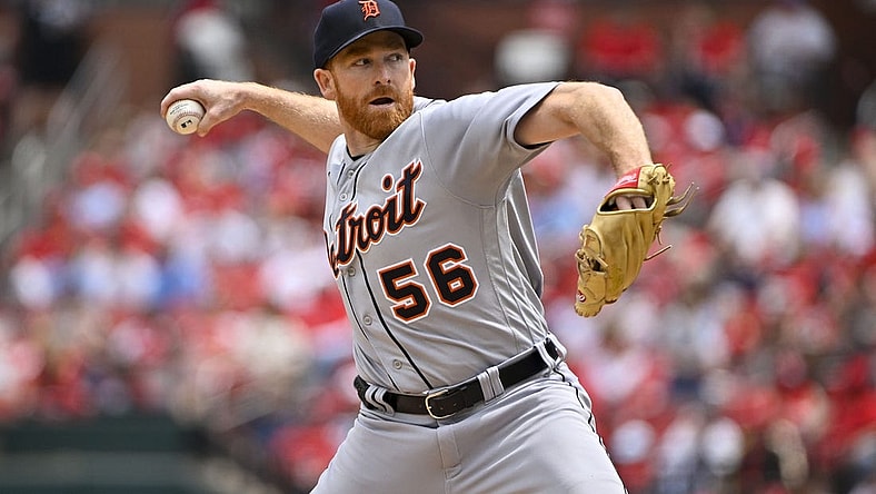 May 6, 2023; St. Louis, Missouri, USA;  Detroit Tigers starting pitcher Spencer Turnbull (56) pitches against the St. Louis Cardinals during the first inning at Busch Stadium. Mandatory Credit: Jeff Curry-USA TODAY Sports