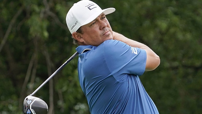May 11, 2023; McKinney, Texas, USA; Jason Dufner plays his shot from the fifth tee during the first round of the AT&T Byron Nelson golf tournament. Mandatory Credit: Raymond Carlin III-USA TODAY Sports