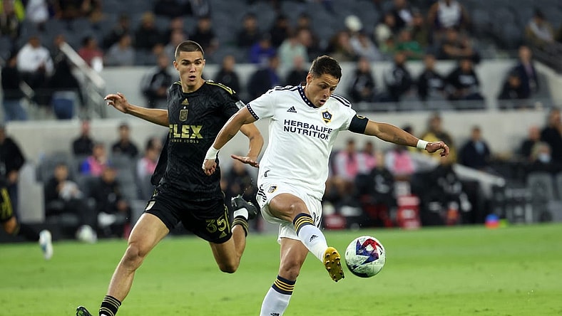 May 23, 2023; Los Angeles, CA, USA; Los Angeles Galaxy forward Javier Hernandez (14) controls the ball during the first half against the Los Angeles FC at BMO Stadium. Mandatory Credit: Kiyoshi Mio-USA TODAY Sports