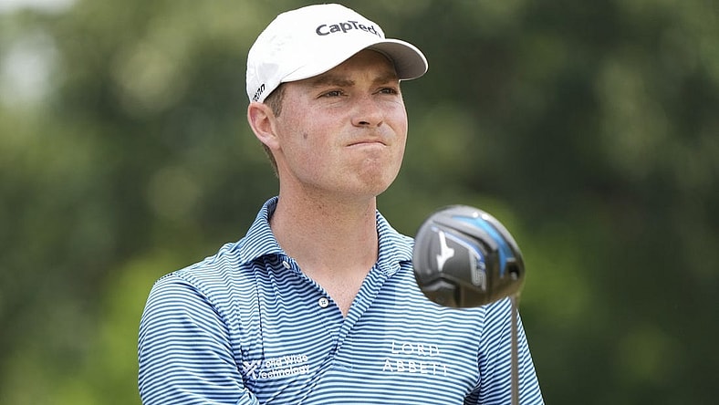 May 27, 2023; Fort Worth, Texas, USA; Ben Griffin watches his shot from the third tee during the third round of the Charles Schwab Challenge golf tournament. Mandatory Credit: Jim Cowsert-USA TODAY Sports