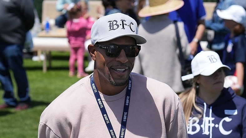 Jun 3, 2023; San Francisco, California, USA; Golden State Warriors former player Andre Iguodala talks to fans during the Bay FC Day for the Bay event at Presidio Main Post Lawn. Mandatory Credit: Darren Yamashita-USA TODAY Sports