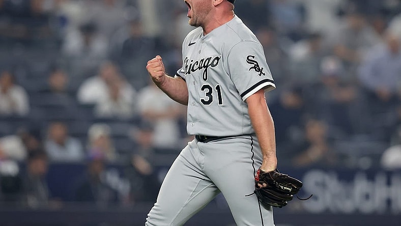 Jun 6, 2023; Bronx, New York, USA; Chicago White Sox relief pitcher Liam Hendriks (31) reacts after getting the final out against the New York Yankees at Yankee Stadium. Mandatory Credit: Brad Penner-USA TODAY Sports