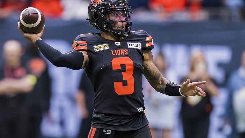 Jun 17, 2023; Vancouver, British Columbia, CAN; BC Lions quarterback Vernon Adams Jr. (3) makes a pass against the Edmonton Elks in the second half at BC Place. BC won 22-0. Mandatory Credit: Bob Frid-USA TODAY Sports