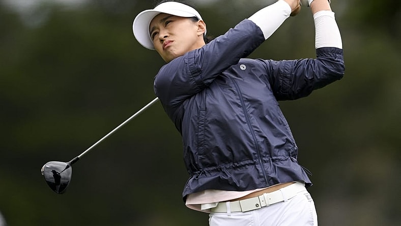 Jul 7, 2023; Pebble Beach, California, USA; Amy Yang tees off on the 14th hole during the second round of the U.S. Women's Open golf tournament at Pebble Beach Golf Links. Mandatory Credit: Kelvin Kuo-USA TODAY Sports