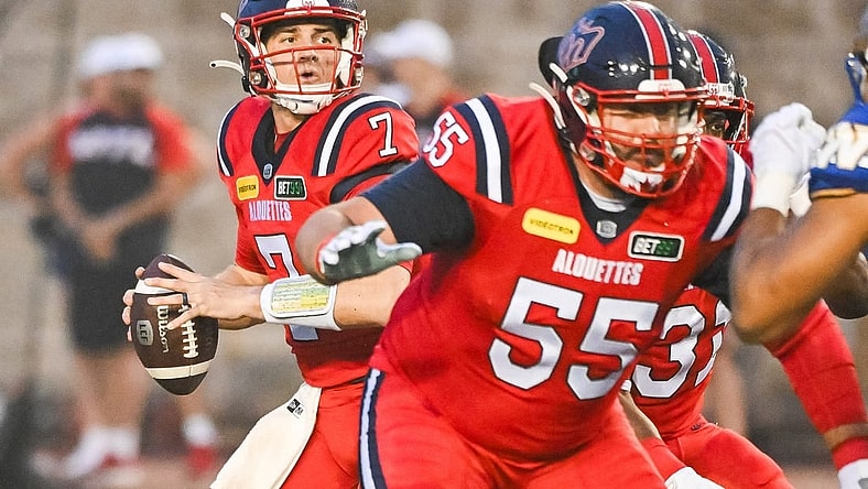 Jul 1, 2023; Montreal, Quebec, CAN; Montreal Alouettes quarterback Cody Fajardo (7) against the Winnipeg Blue Bombers during the first quarter at Percival Molson Memorial Stadium. Mandatory Credit: David Kirouac-USA TODAY Sports