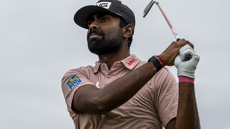 July 18, 2023; Hoylake, ENGLAND, GBR; Sahith Theegala hits his tee shot on the fifth hole during a practice round of The Open Championship golf tournament at Royal Liverpool. Mandatory Credit: Kyle Terada-USA TODAY Sports