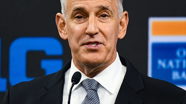 Jul 26, 2023; Indianapolis, IN, USA;  Big Ten commissioner Tony Petitti speaks to the media during Big 10 football media days at Lucas Oil Stadium. Mandatory Credit: Robert Goddin-USA TODAY Sports