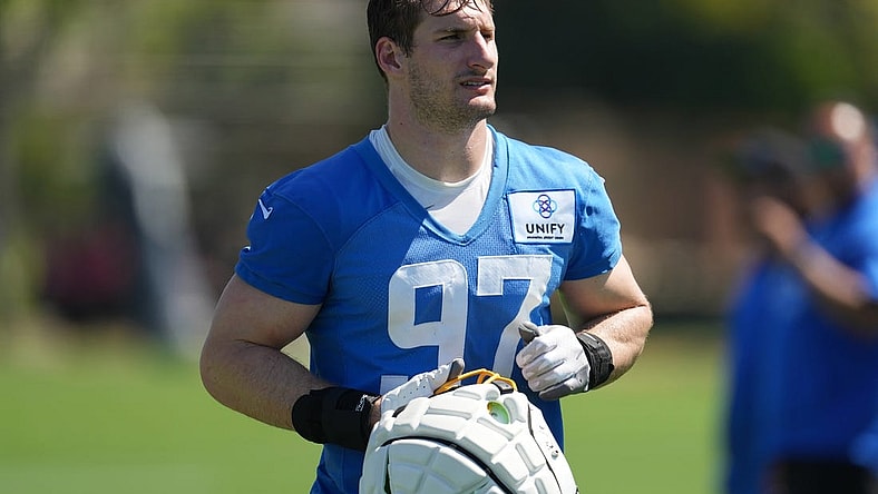 Jul 26, 2023; Costa Mesa, CA, USA; Los Angeles Chargers defensive end Joey Bosa (97) during training camp at Jack Hammet Sports Comples. Mandatory Credit: Kirby Lee-USA TODAY Sports