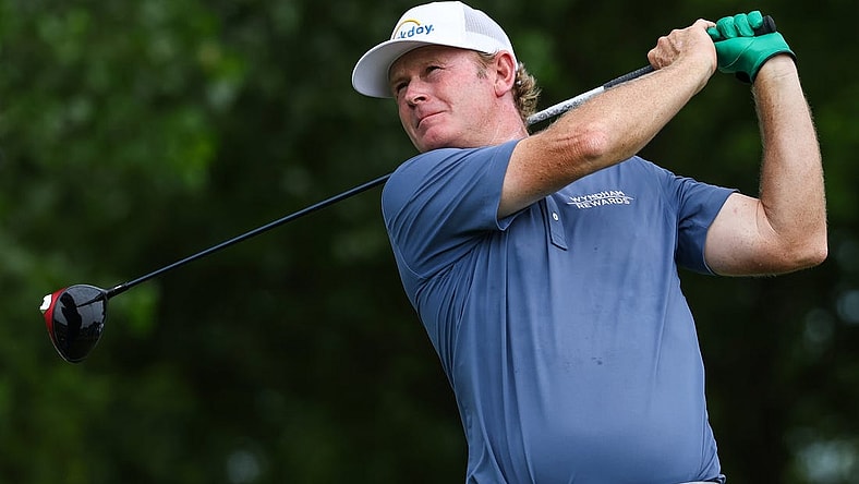 Jul 27, 2023; Blaine, Minnesota, USA; Brandt Snedeker hits his tee shot on the 11th hole during the first round of the 3M Open golf tournament. Mandatory Credit: Matt Krohn-USA TODAY Sports