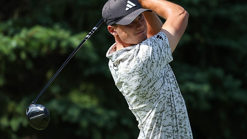 Jul 29, 2023; Blaine, Minnesota, USA; Ludvig Aberg hits his tee shot on the second hole during the third round of the 3M Open golf tournament. Mandatory Credit: Matt Krohn-USA TODAY Sports