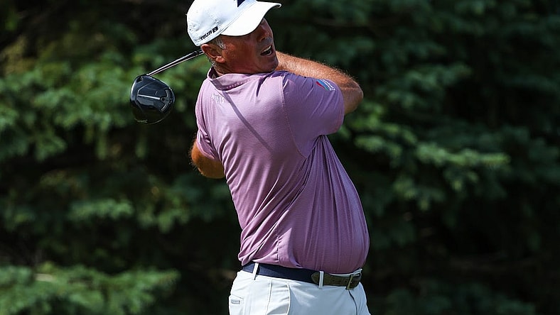 Jul 29, 2023; Blaine, Minnesota, USA; Matt Kuchar hits his tee shot on the second hole during the third round of the 3M Open golf tournament. Mandatory Credit: Matt Krohn-USA TODAY Sports