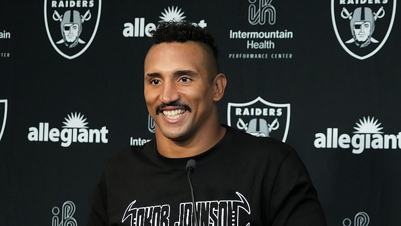 Jul 31, 2023; Henderson, NV, USA; Las Vegas Raiders fullback Jakob Johnson during training camp press conference at the Intermountain Health Performance Center. Mandatory Credit: Kirby Lee-USA TODAY Sports