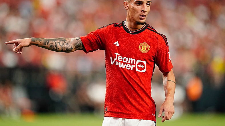 Jul 30, 2023; Las Vegas, Nevada, USA; Manchester United forward Antony (21) competes during the second half against Borussia Dortmund at Allegiant Stadium. Mandatory Credit: Lucas Peltier-USA TODAY Sports