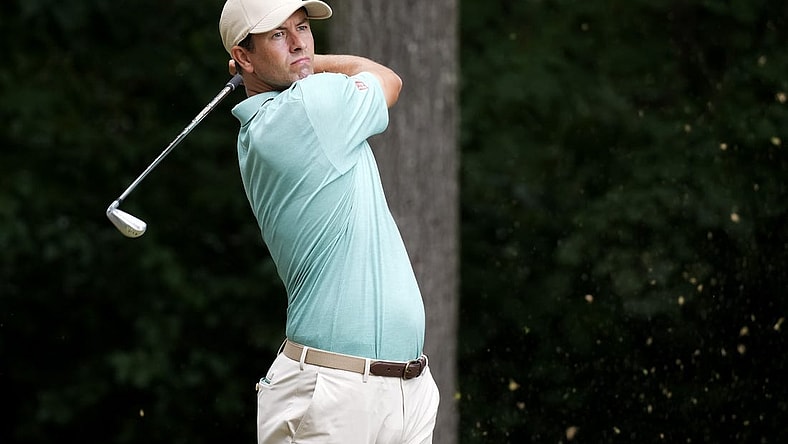 Aug 4, 2023; Greensboro, North Carolina, USA; Adam Scott plays from the 2nd tee during the second round of the Wyndham Championship golf tournament. Mandatory Credit: David Yeazell-USA TODAY Sports