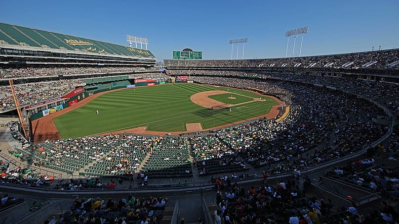 Aug 5, 2023; Oakland, California, USA; An overhead view of the stadium during the fourth inning of the game between the Oakland Athletics and the San Francisco Giants at Oakland-Alameda County Coliseum. Mandatory Credit: Darren Yamashita-USA TODAY Sports