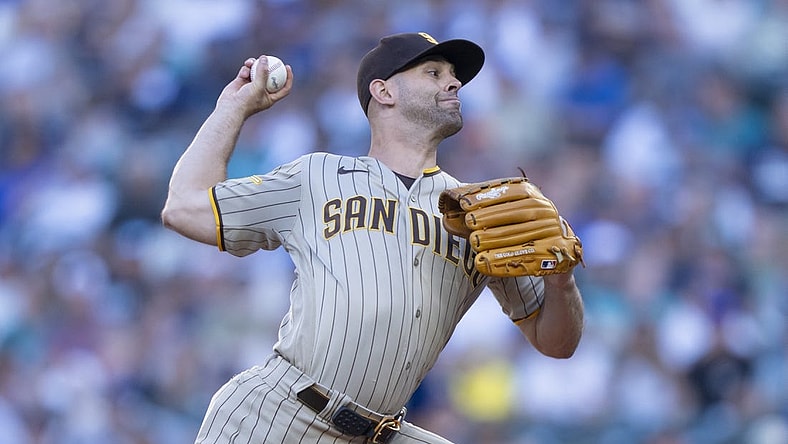Aug 8, 2023; Seattle, Washington, USA; San Diego Padres starter Nick Martinez (21) delivers a pitch during the first inning against the Seattle Mariners at T-Mobile Park. Mandatory Credit: Stephen Brashear-USA TODAY Sports