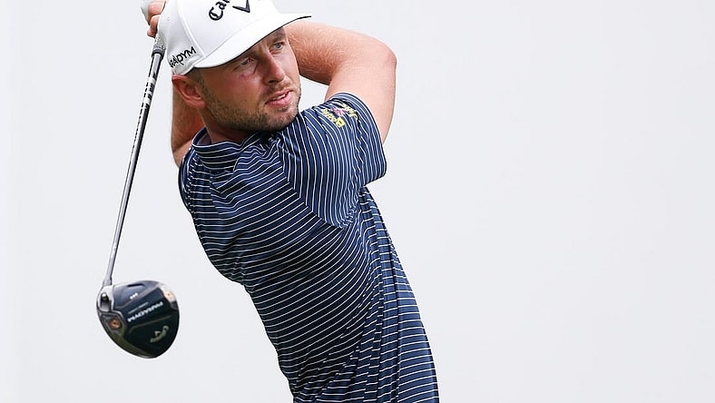 PGA Tour player Adam Svensson tees off at the first hole during the third round of the FedEx St. Jude Championship at TPC Southwind in Memphis, Tenn., on Saturday, August 12, 2023.