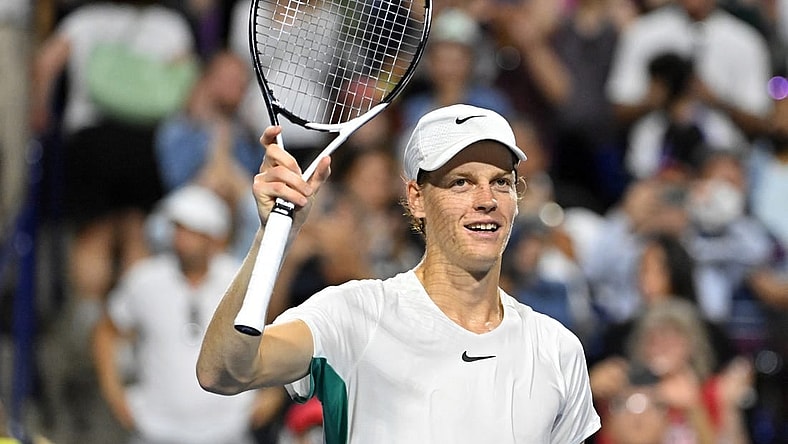Aug 12, 2023; Toronto, Ontario, Canada; Jannik Sinner (ITA) celebrates after defeating Tommy Paul (USA) (not pictured) in semi-final play at Sobeys Stadium. Mandatory Credit: Dan Hamilton-USA TODAY Sports