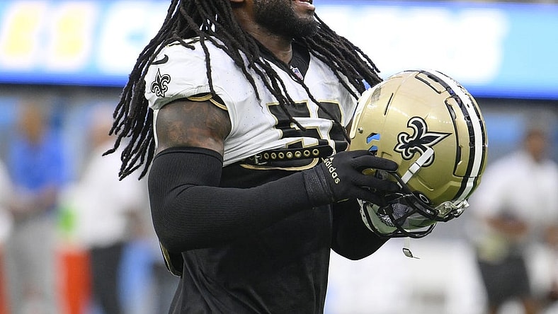 Aug 20, 2023; Inglewood, California, USA; New Orleans Saints linebacker Jaylon Smith (59) during pregame warmups against the Los Angeles Chargers at SoFi Stadium. Mandatory Credit: Robert Hanashiro-USA TODAY Sports