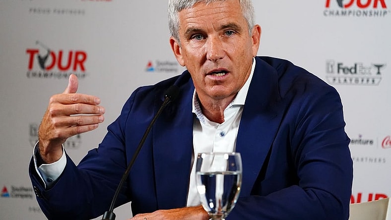Aug 22, 2023; Atlanta, Georgia, USA; PGA Tour Commissioner Jay Monahan addresses the media during a press conference in the Clubhouse Ballroom at East Lake Golf Club prior to Thursday s start of the TOUR Championship golf tournament. Mandatory Credit: John David Mercer-USA TODAY Sports