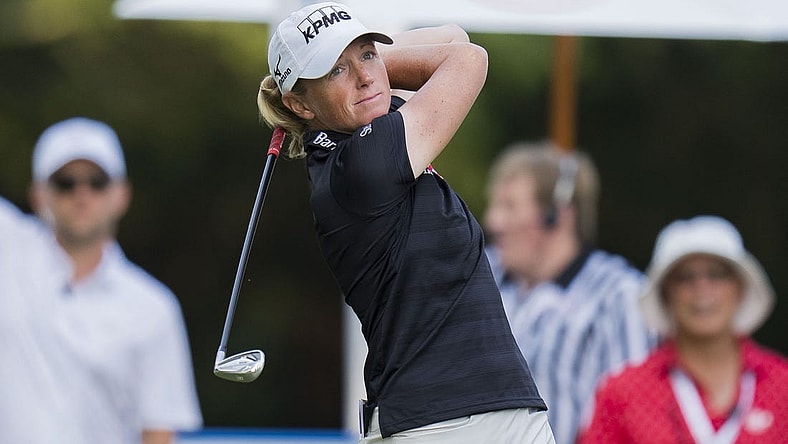 Aug 24, 2023; Vancouver, British Columbia, CAN; Stacy Lewis tees off on the seventeenth hole during the first round of the CPKC Women's Open golf tournament at Shaughnessy Golf & Country Club. Mandatory Credit: Bob Frid-USA TODAY Sports