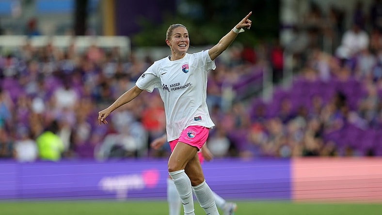 Aug 25, 2023; Orlando, Florida, USA; San Diego Wave FC defender Abby Dahlkemper (2) celebrates after scoring a goal during the first half against the Orlando Pride at Exploria Stadium. Mandatory Credit: Nathan Ray Seebeck-USA TODAY Sports