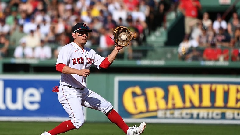 Aug 26, 2023; Boston, Massachusetts, USA;  Boston Red Sox second baseman Luis Urias (17) fields a ball during the first inning against the Los Angeles Dodgers at Fenway Park. Mandatory Credit: Bob DeChiara-USA TODAY Sports