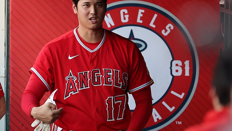 Aug 22, 2023; Anaheim, California, USA;  Los Angeles Angels designated hitter Shohei Ohtani (17) in the dugout during the MLB game against the Cincinnati Reds at Angel Stadium. Mandatory Credit: Kiyoshi Mio-USA TODAY Sports